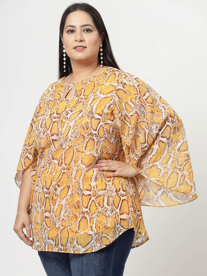 Mustard Yellow Plus Size Animal Printed Keyhole Neck Slit Sleeve Longline Tops