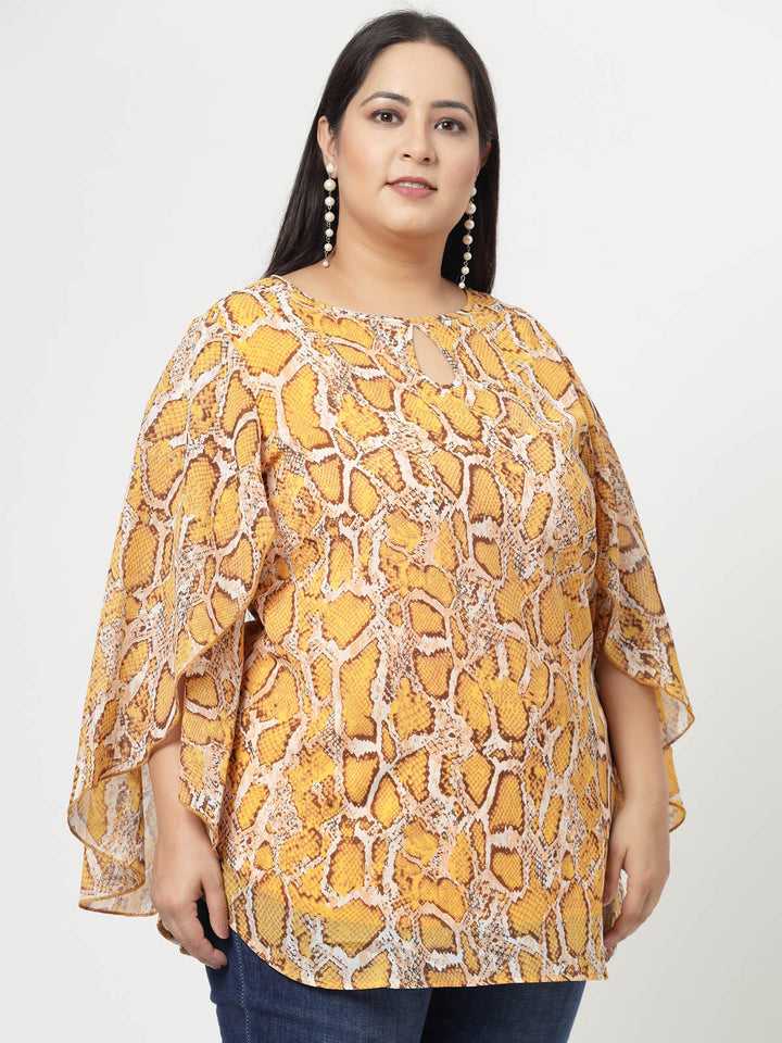 Mustard Yellow Plus Size Animal Printed Keyhole Neck Slit Sleeve Longline Tops