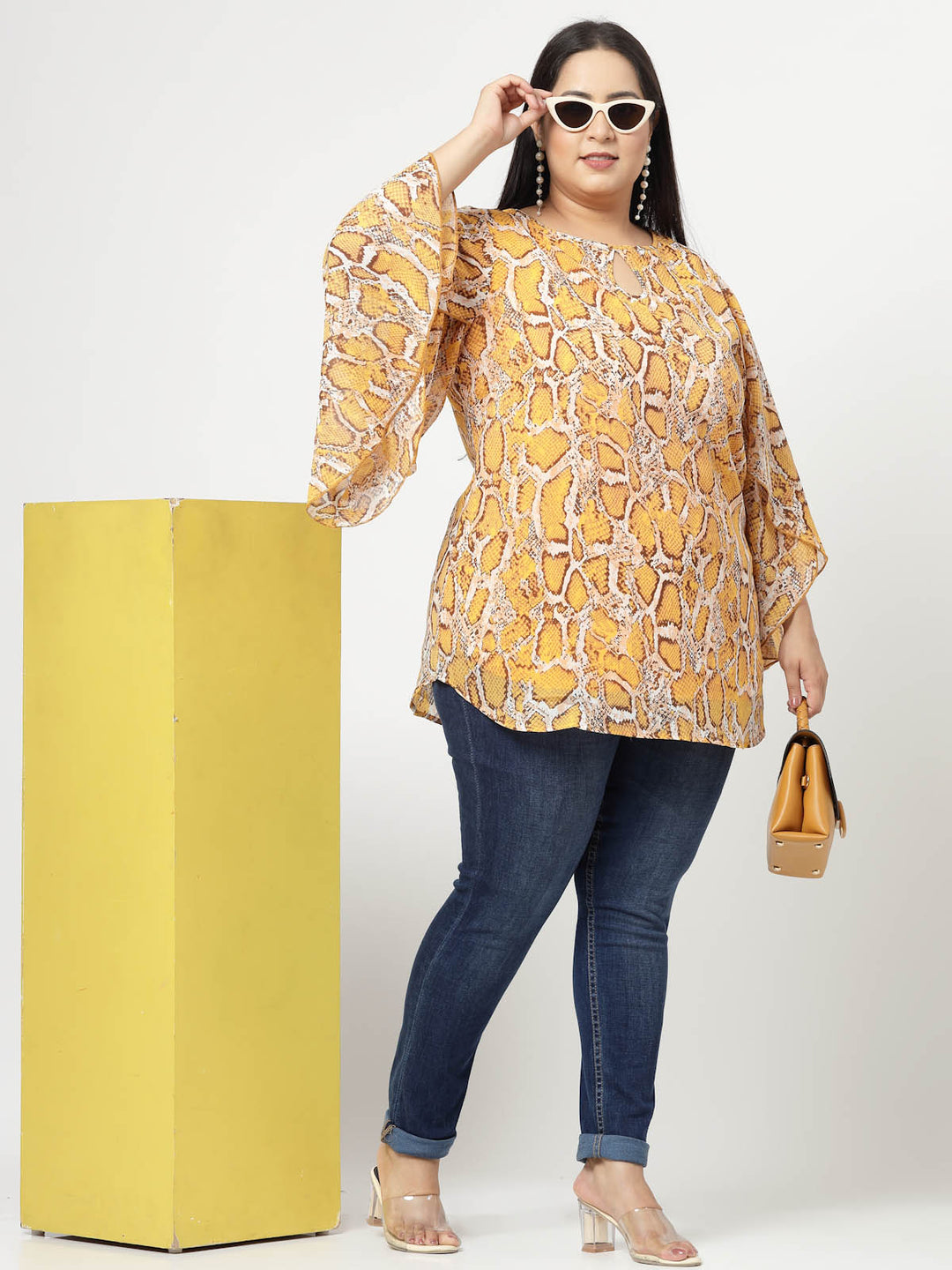 Mustard Yellow Plus Size Animal Printed Keyhole Neck Slit Sleeve Longline Tops