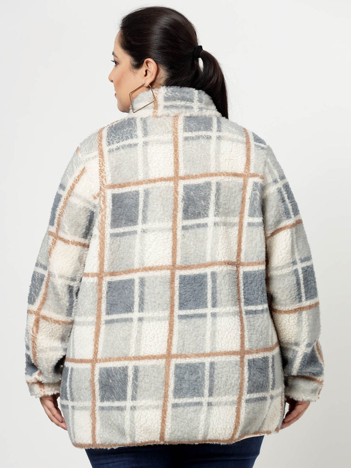 Beige Checked Longline Faux Fur Trim Tailored Jacket