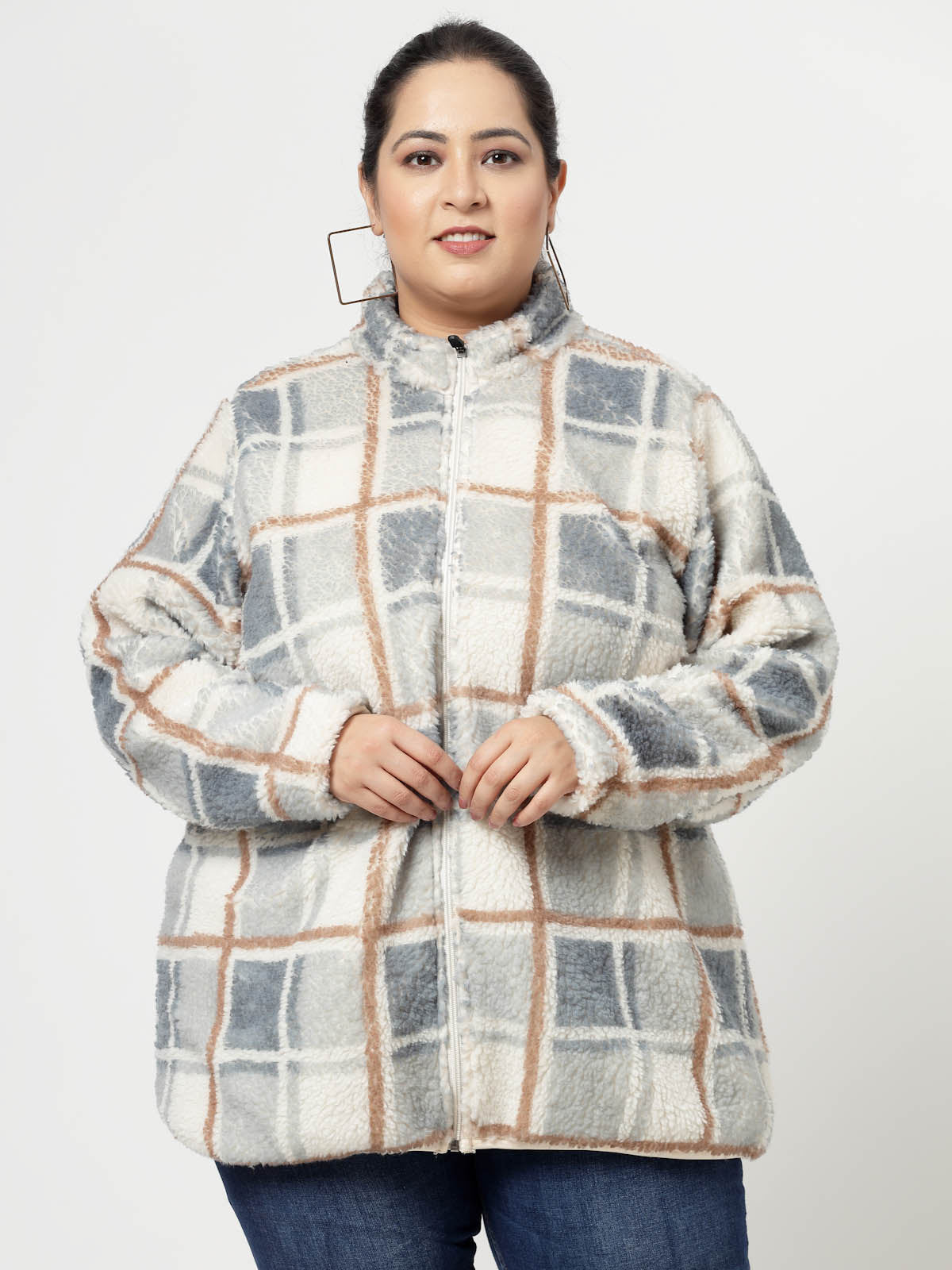 Beige Checked Longline Faux Fur Trim Tailored Jacket