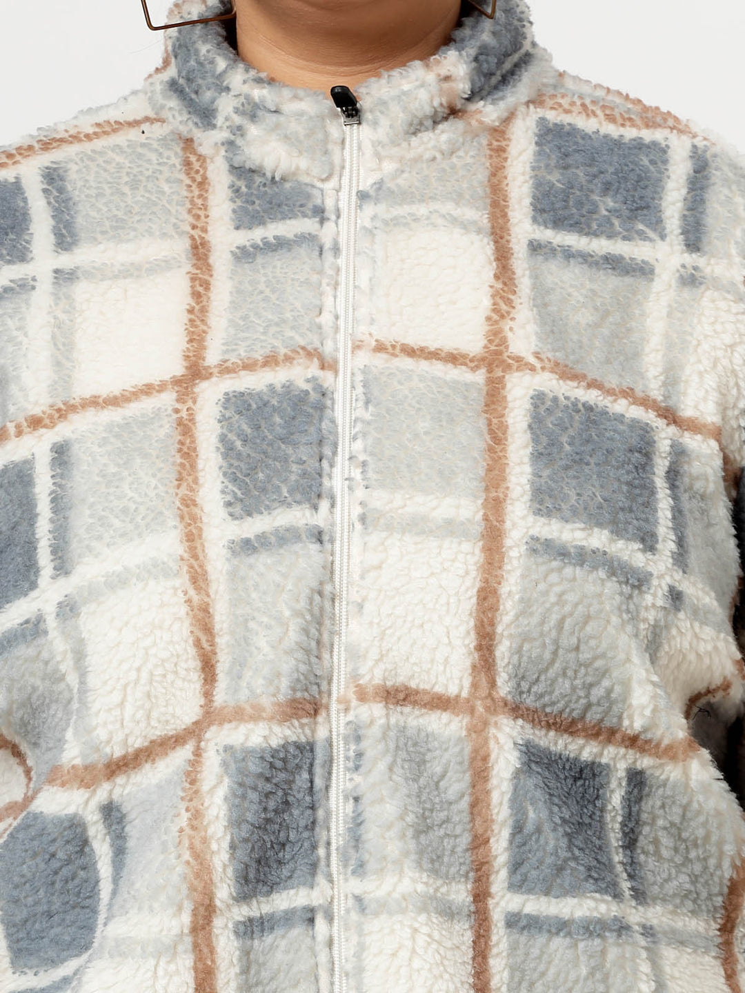 Beige Checked Longline Faux Fur Trim Tailored Jacket