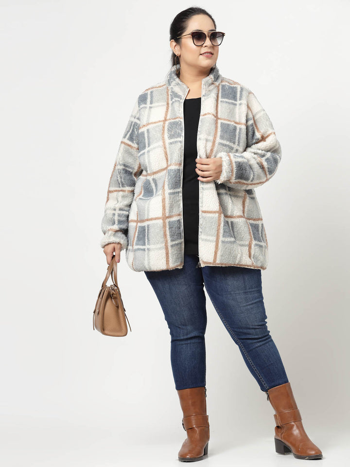 Beige Checked Longline Faux Fur Trim Tailored Jacket