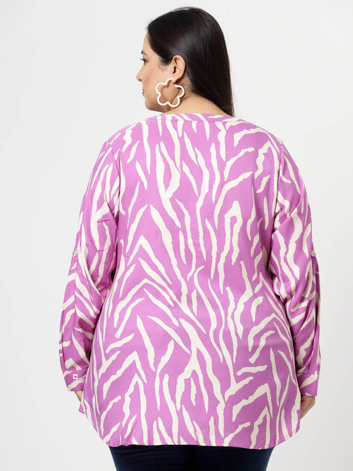 Plus Size Abstract Printed Mandarin Collar Roll-Up Sleeves Top