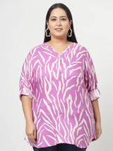 Plus Size Abstract Printed Mandarin Collar Roll-Up Sleeves Top
