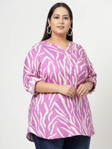 Plus Size Abstract Printed Mandarin Collar Roll-Up Sleeves Top