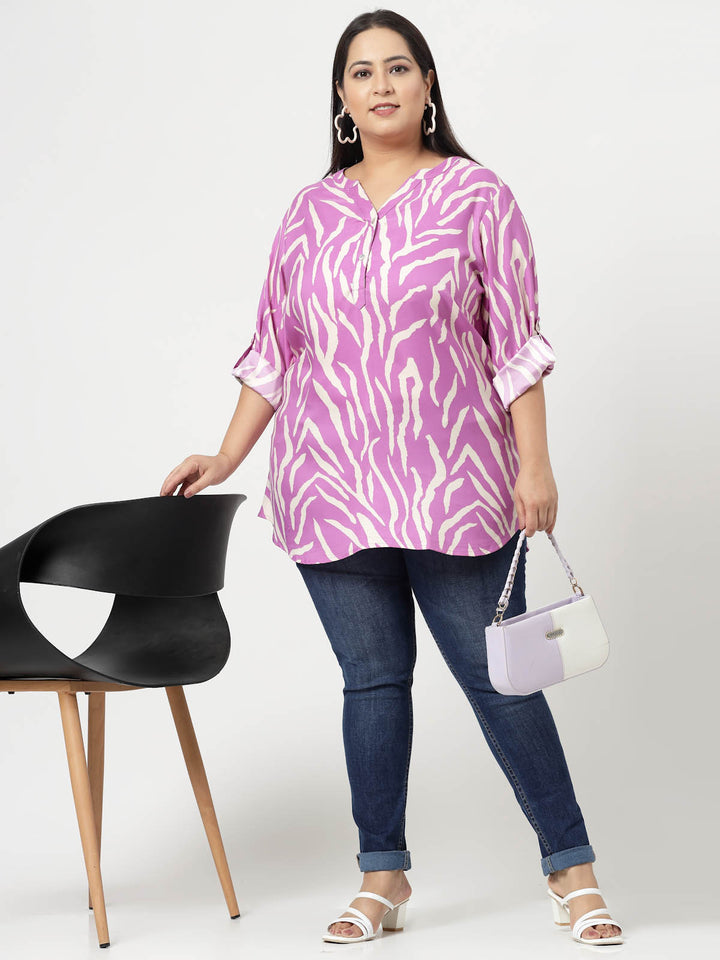 Plus Size Abstract Printed Mandarin Collar Roll-Up Sleeves Top