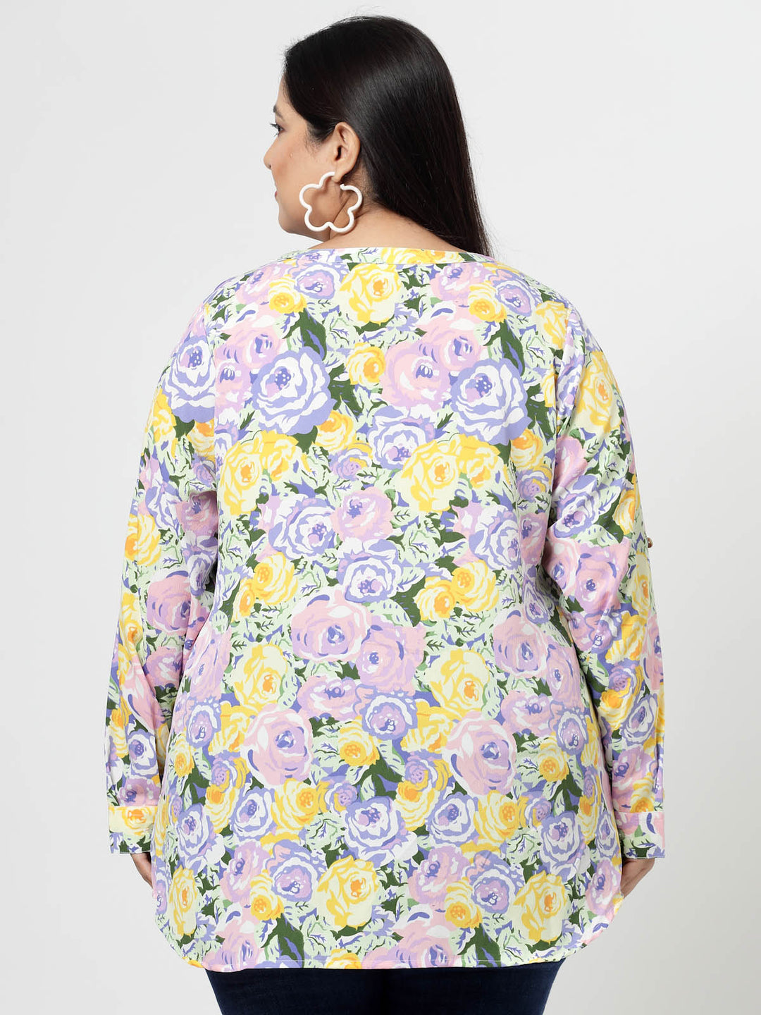 Mustard Plus Size Floral Printed Mandarin Collar Long Sleeves Longline Tops