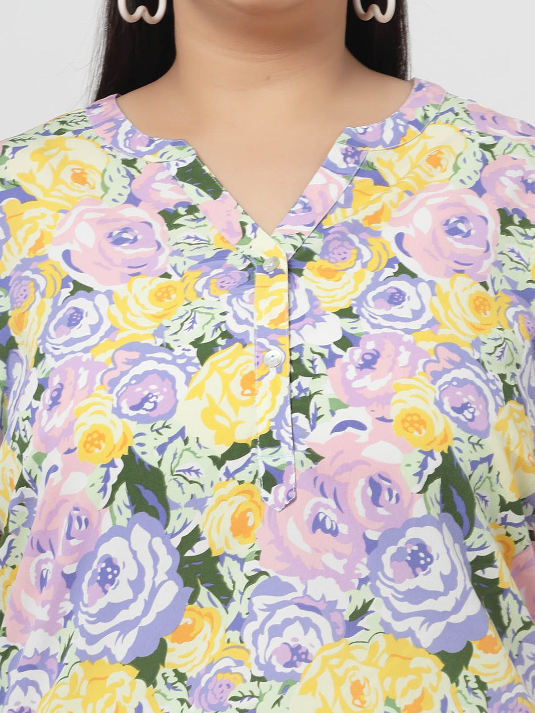 Mustard Plus Size Floral Printed Mandarin Collar Long Sleeves Longline Tops