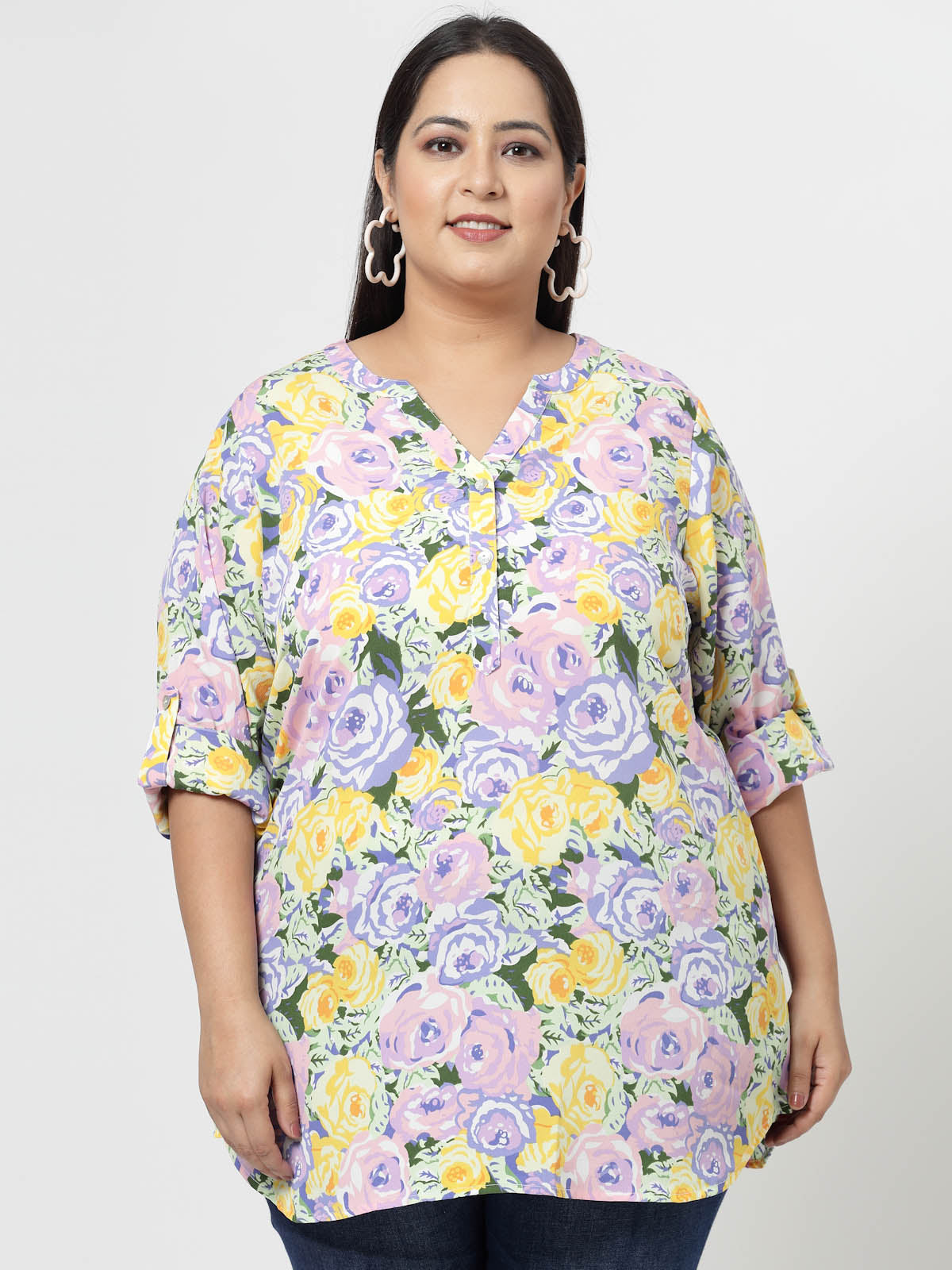 Mustard Plus Size Floral Printed Mandarin Collar Long Sleeves Longline Tops