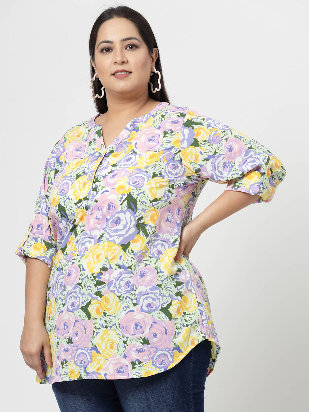 Mustard Plus Size Floral Printed Mandarin Collar Long Sleeves Longline Tops