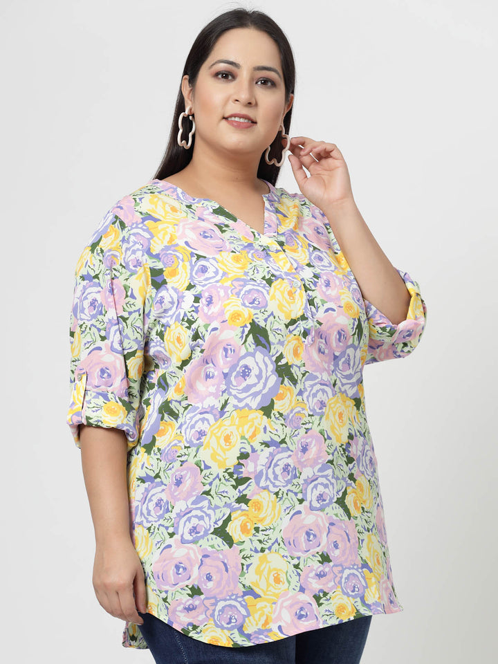 Mustard Plus Size Floral Printed Mandarin Collar Long Sleeves Longline Tops