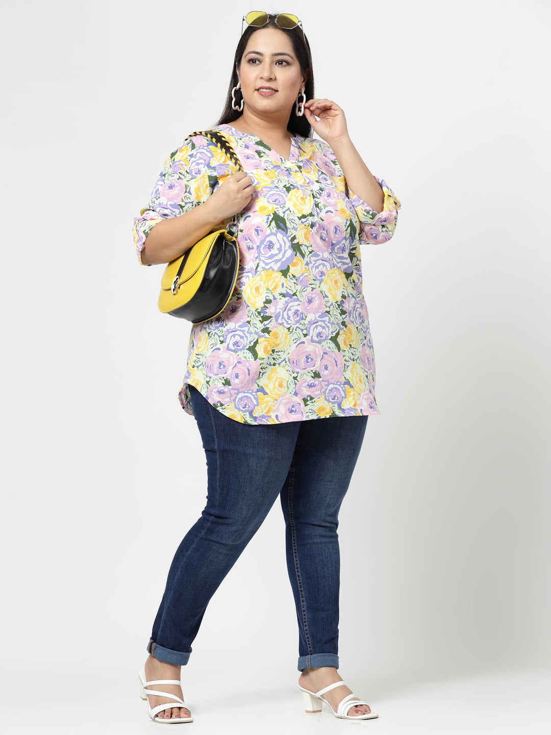 Mustard Plus Size Floral Printed Mandarin Collar Long Sleeves Longline Tops