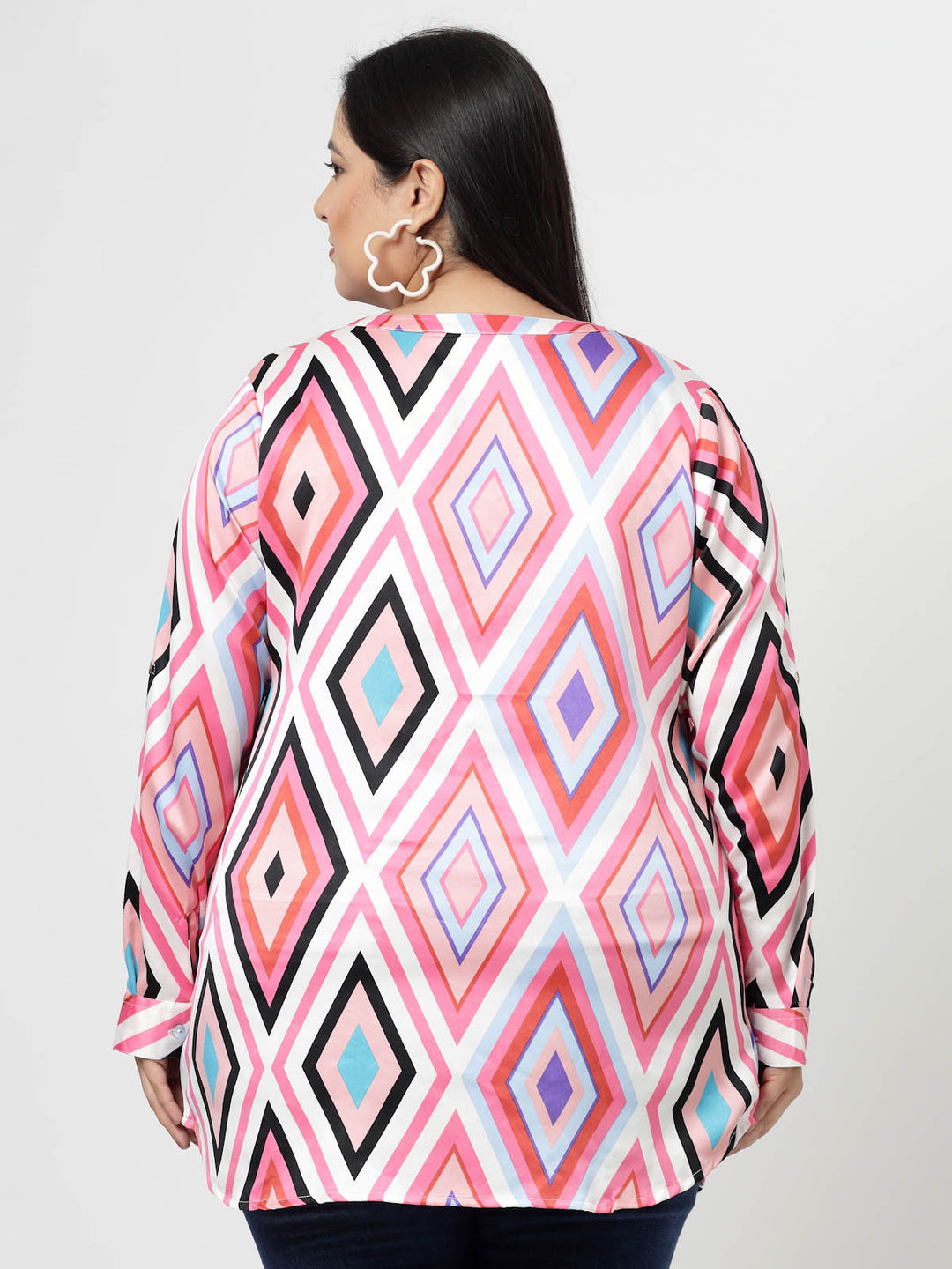 Pink Plus Size Geometric Printed Mandarin Collar Long Sleeves Longline Tops