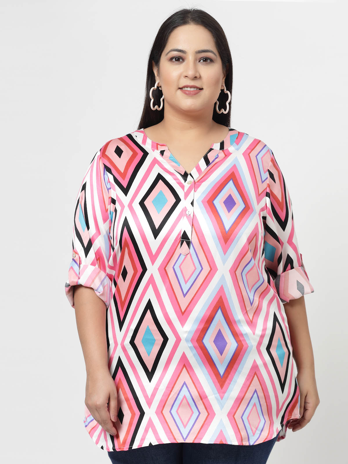 Pink Plus Size Geometric Printed Mandarin Collar Long Sleeves Longline Tops