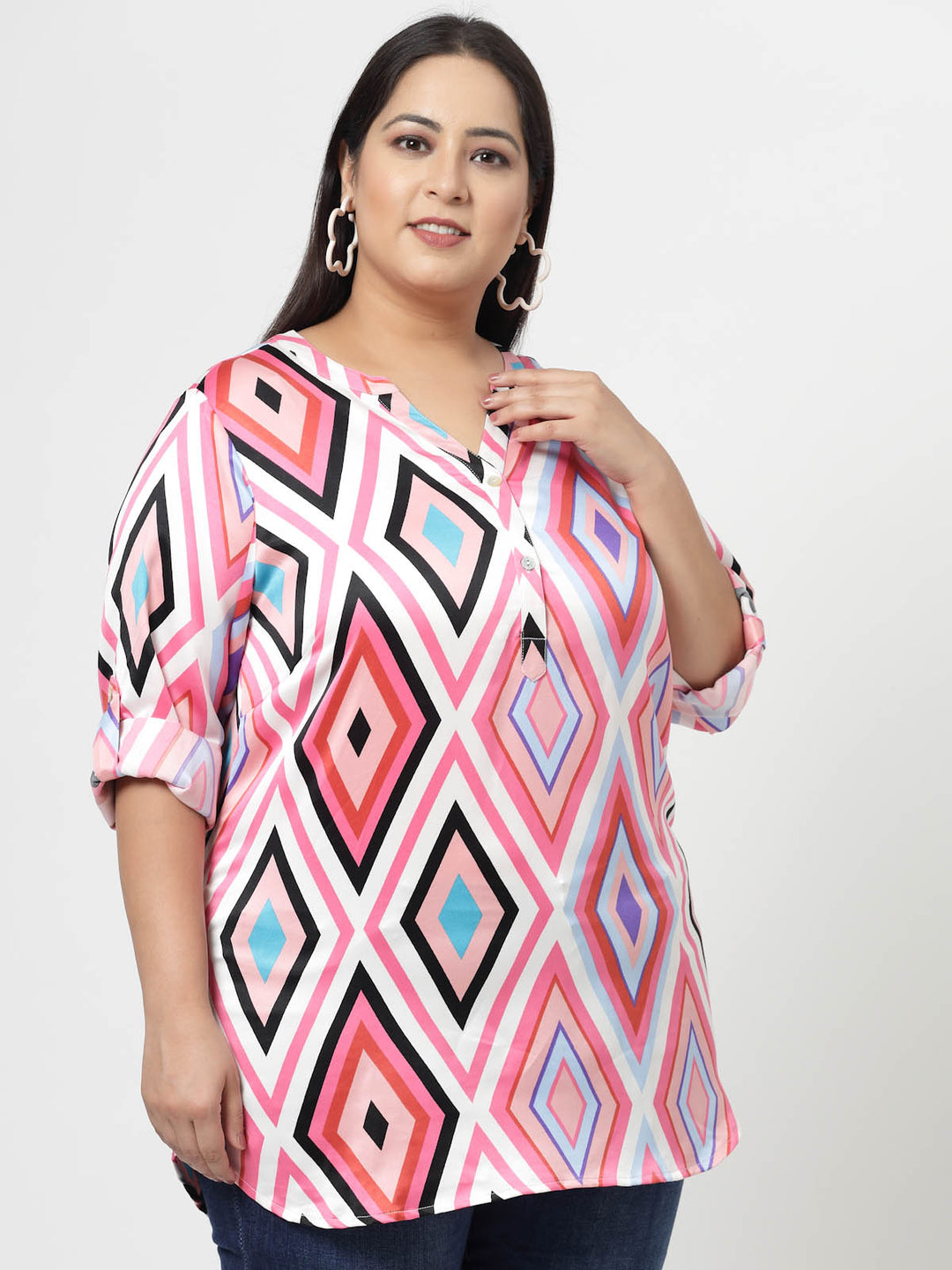 Pink Plus Size Geometric Printed Mandarin Collar Long Sleeves Longline Tops