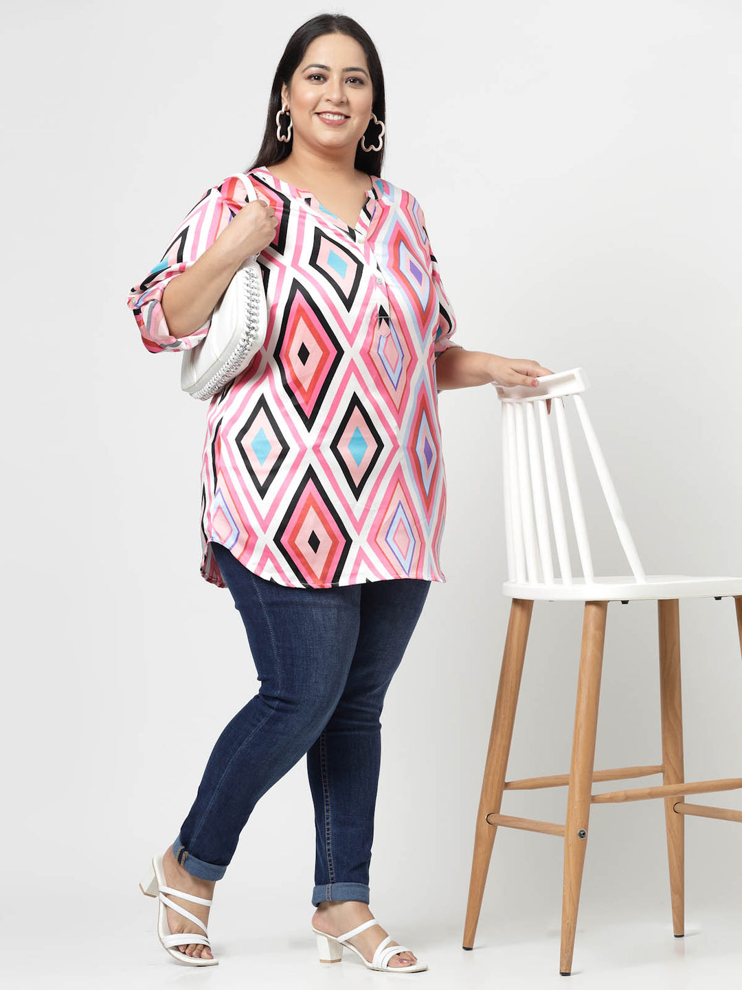 Pink Plus Size Geometric Printed Mandarin Collar Long Sleeves Longline Tops