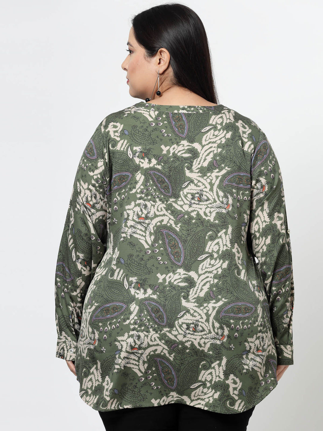 Plus Size Floral Printed Mandarin Collar Roll-Up Sleeves Top