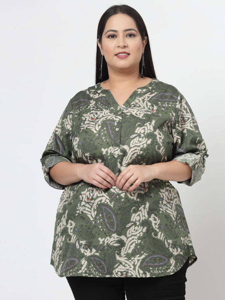 Plus Size Floral Printed Mandarin Collar Roll-Up Sleeves Top