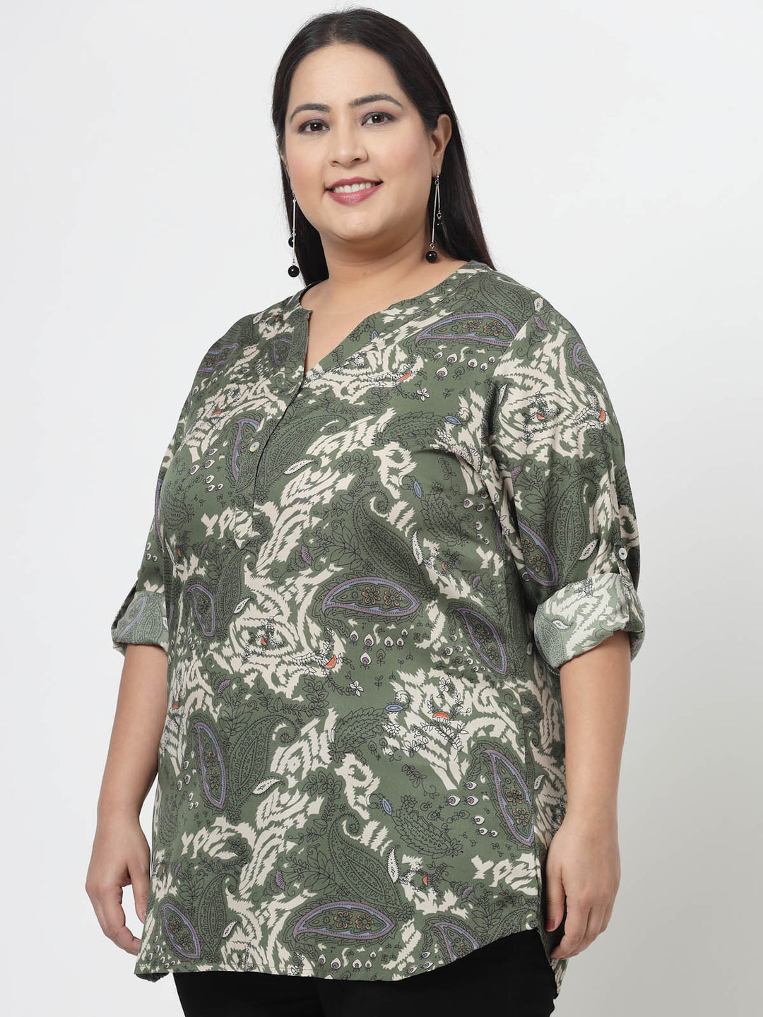 Plus Size Floral Printed Mandarin Collar Roll-Up Sleeves Top