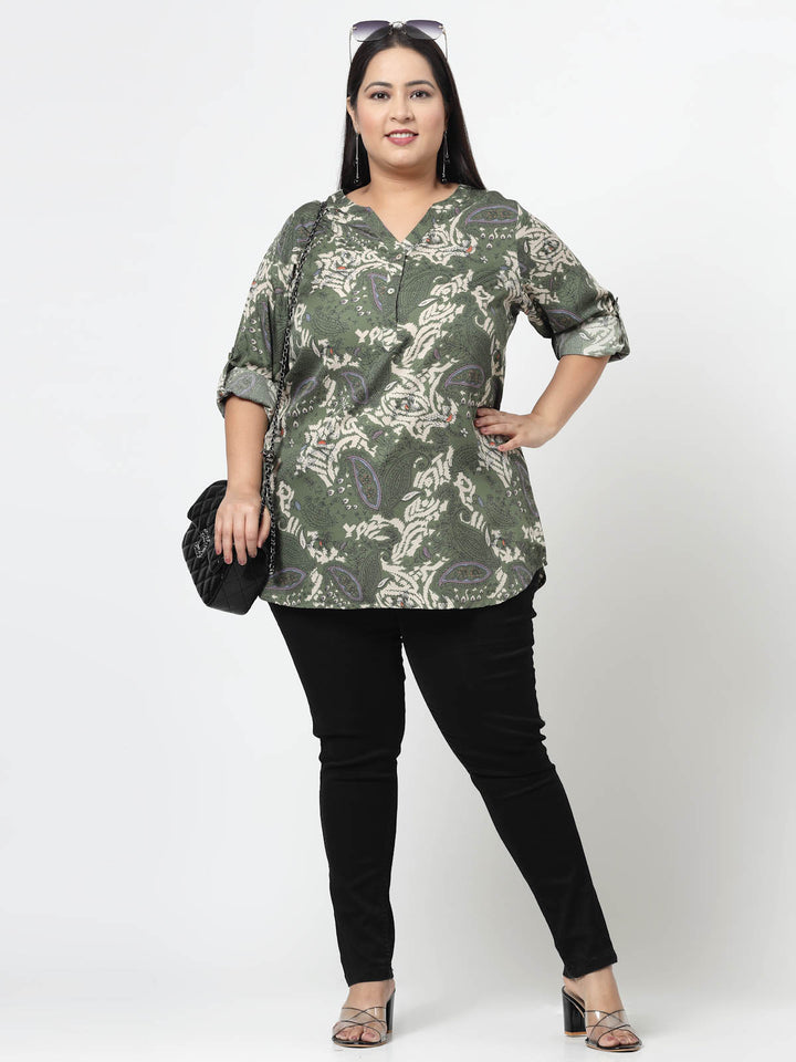 Plus Size Floral Printed Mandarin Collar Roll-Up Sleeves Top