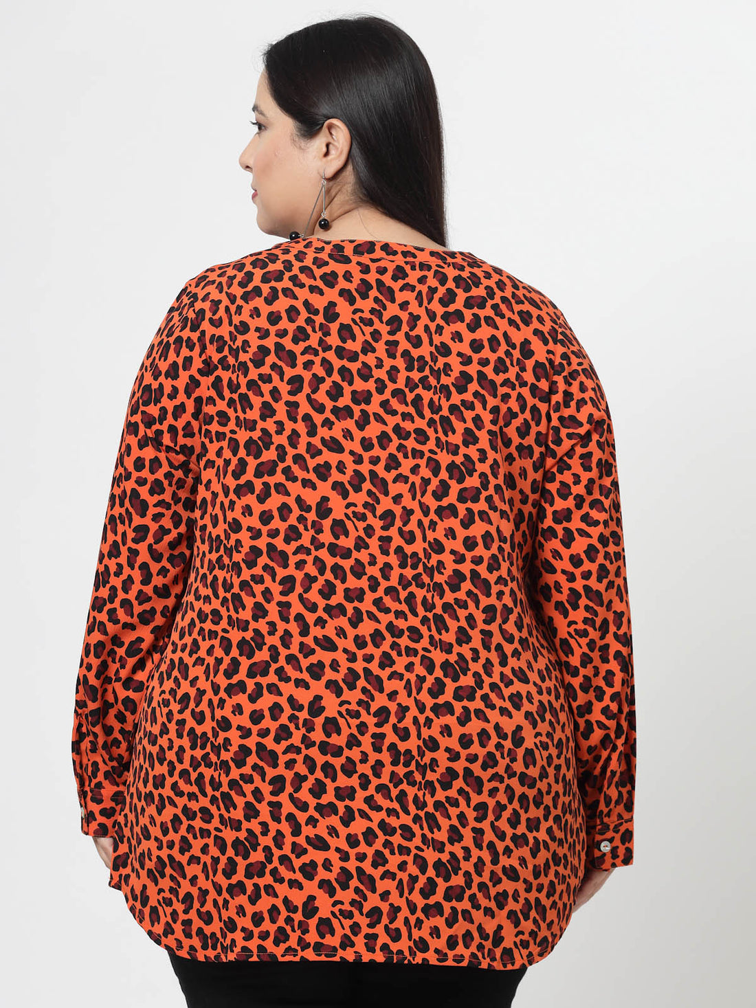 Orange-Coloured Abstract Printed Mandarin Collar Roll-Up Sleeves Longline Top