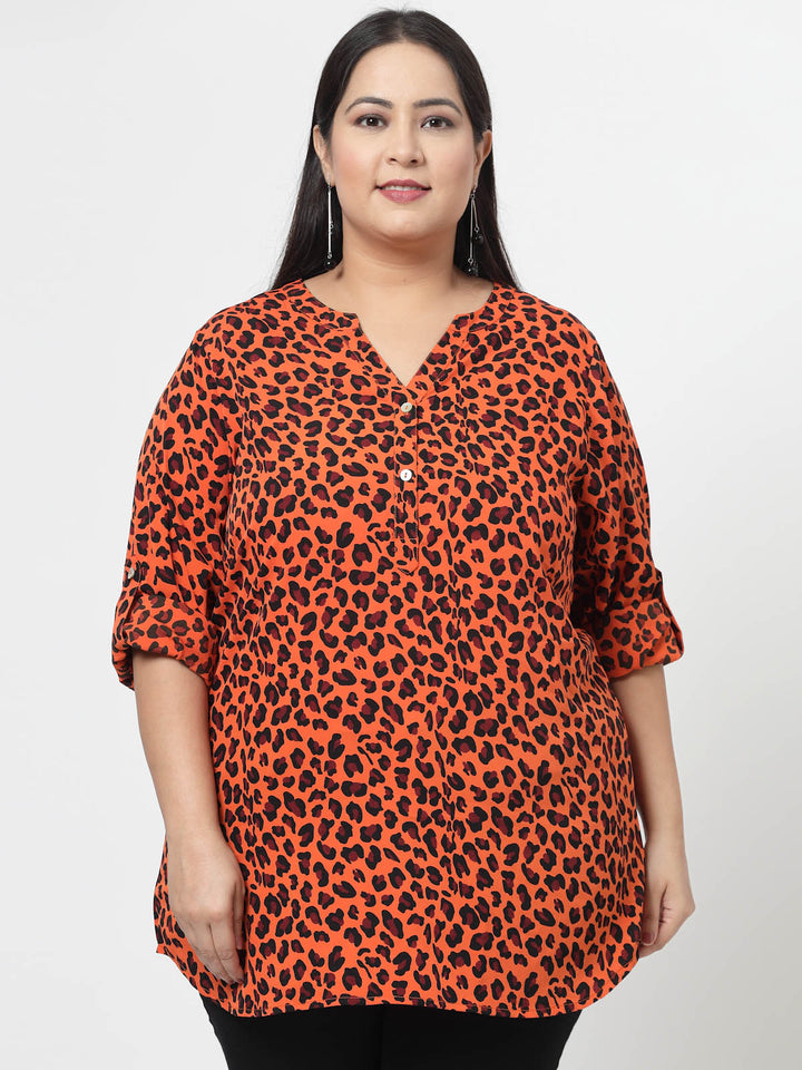 Orange-Coloured Abstract Printed Mandarin Collar Roll-Up Sleeves Longline Top