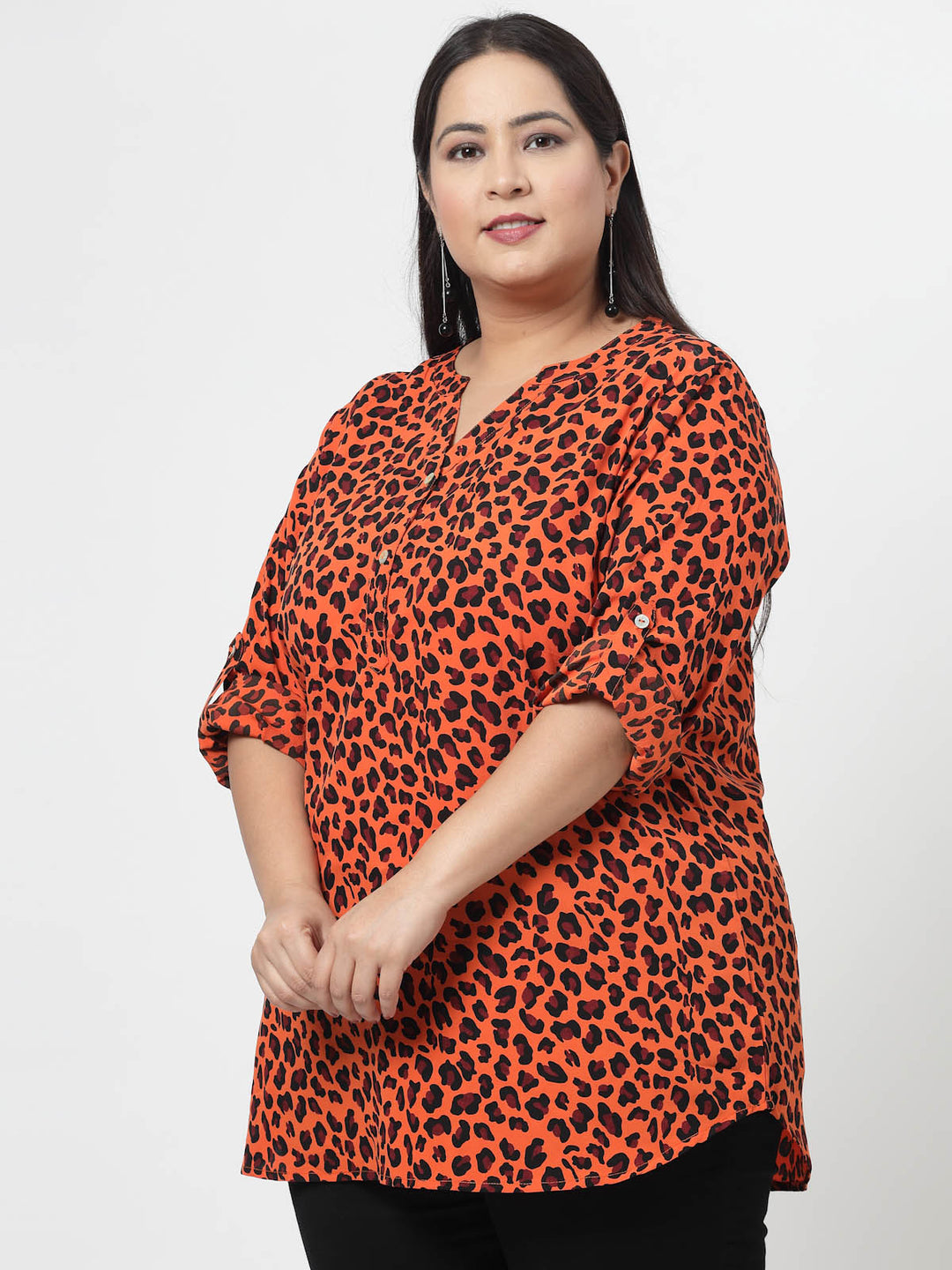 Orange-Coloured Abstract Printed Mandarin Collar Roll-Up Sleeves Longline Top