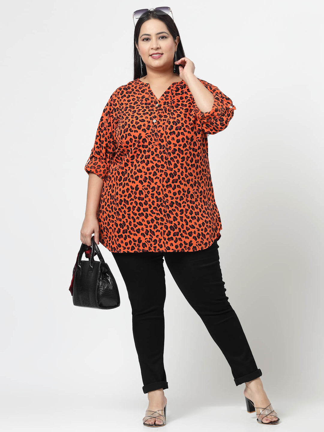 Orange-Coloured Abstract Printed Mandarin Collar Roll-Up Sleeves Longline Top