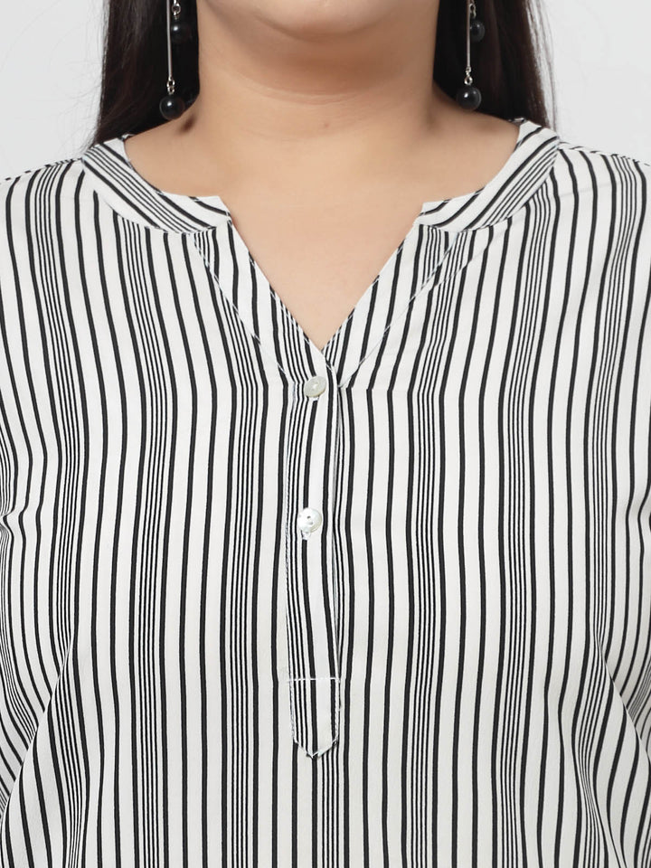 White Vertical Striped Mandarin Collar Roll-Up Sleeves Longline Top