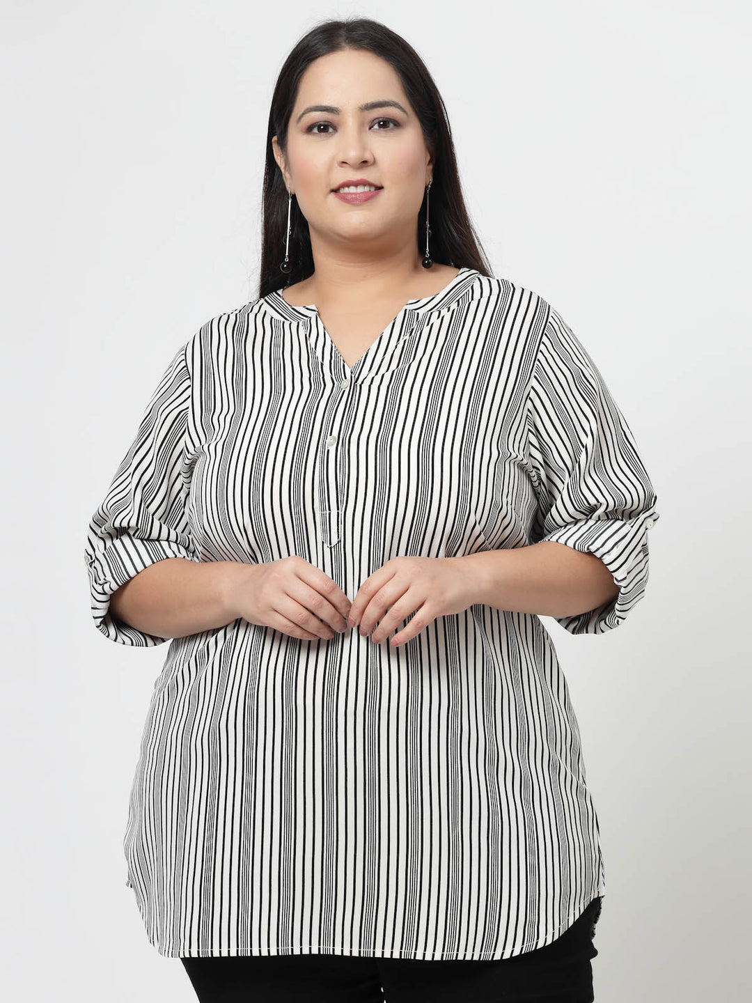 White Vertical Striped Mandarin Collar Roll-Up Sleeves Longline Top