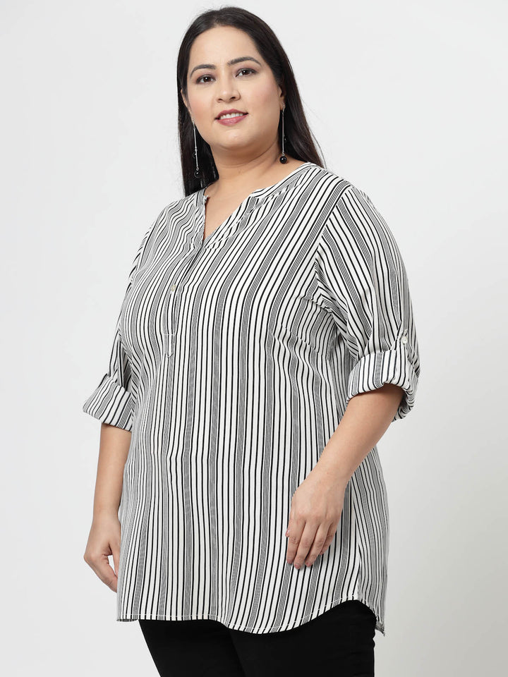 White Vertical Striped Mandarin Collar Roll-Up Sleeves Longline Top