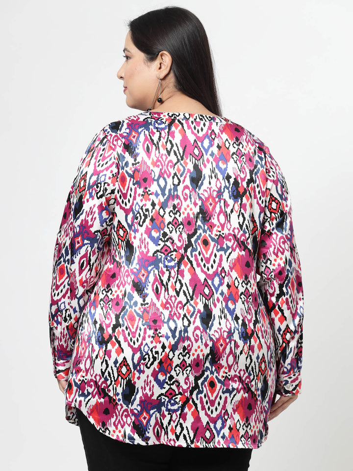 Abstract Printed Mandarin Collar Roll-Up Sleeves Top