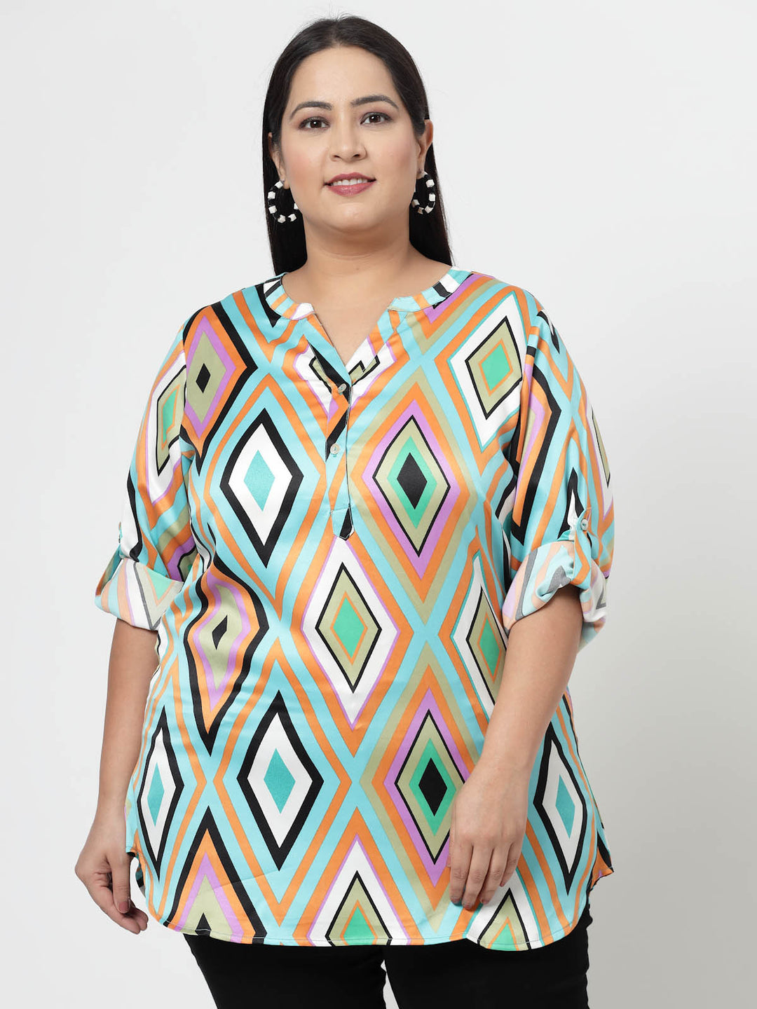 Sea Green Geometric Printed Mandarin Collar Roll-Up Sleeves Longline Top