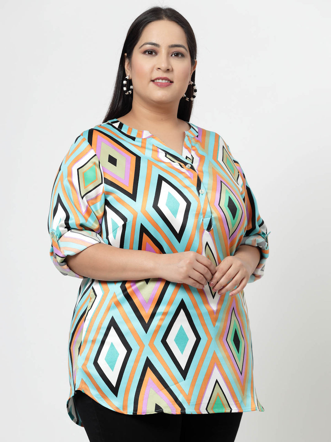 Sea Green Geometric Printed Mandarin Collar Roll-Up Sleeves Longline Top