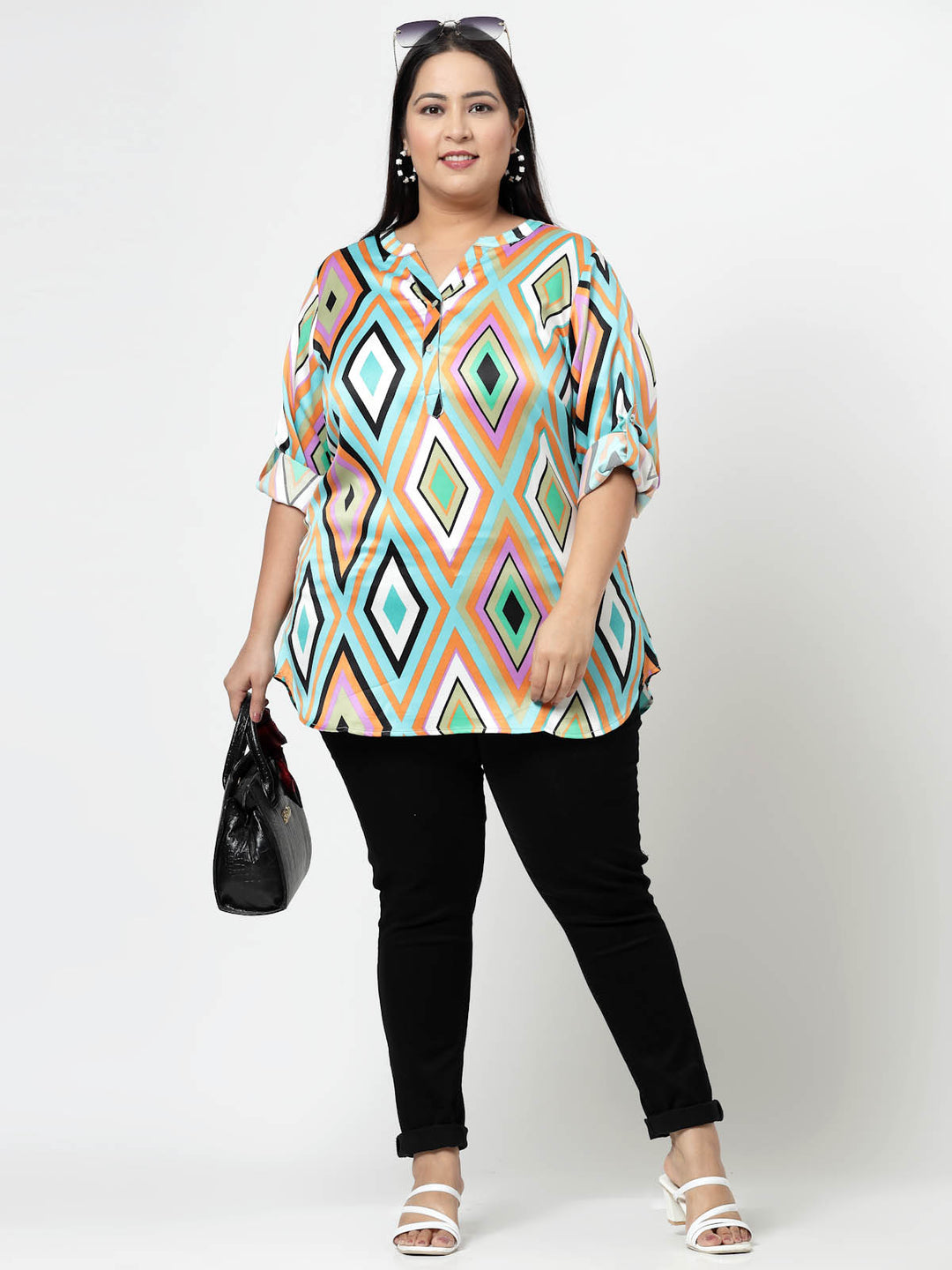 Sea Green Geometric Printed Mandarin Collar Roll-Up Sleeves Longline Top