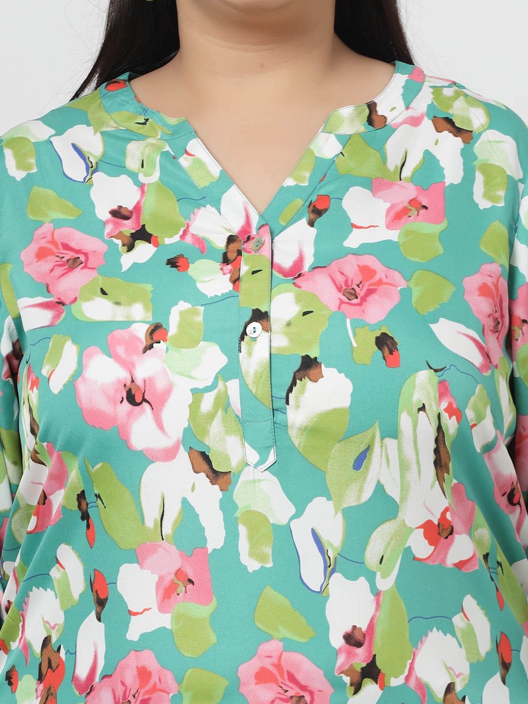 Sea Green Floral Printed Mandarin Collar Roll-Up Sleeves Longline Top