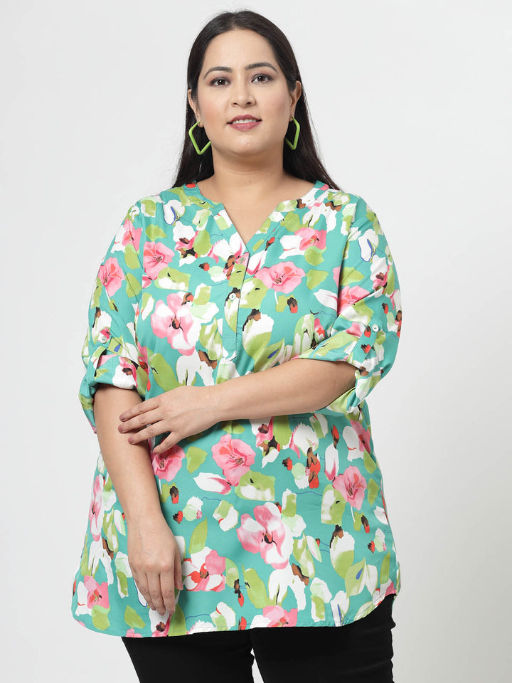 Sea Green Floral Printed Mandarin Collar Roll-Up Sleeves Longline Top