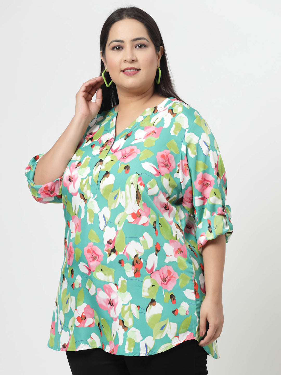 Sea Green Floral Printed Mandarin Collar Roll-Up Sleeves Longline Top