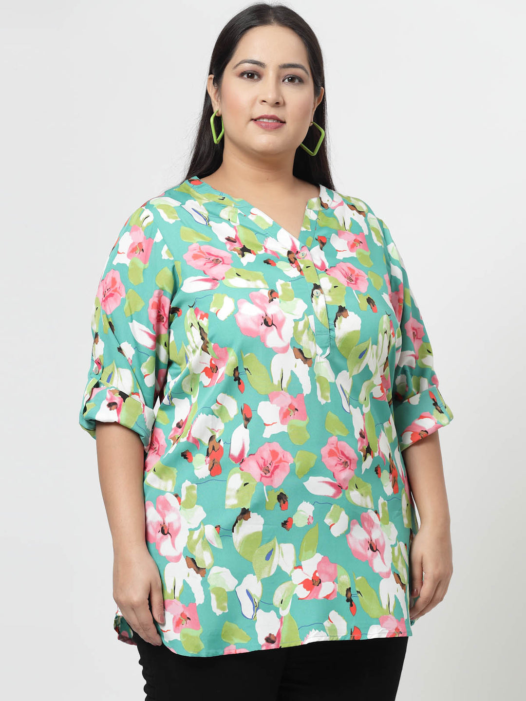 Sea Green Floral Printed Mandarin Collar Roll-Up Sleeves Longline Top