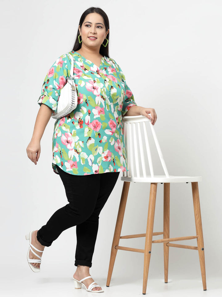 Sea Green Floral Printed Mandarin Collar Roll-Up Sleeves Longline Top