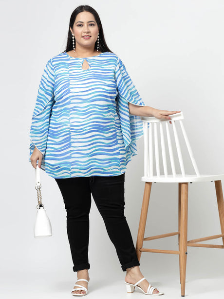 Blue Abstract Printed Keyhole Neck Flared Sleeves Longline Top