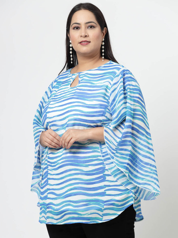 Blue Abstract Printed Keyhole Neck Flared Sleeves Longline Top