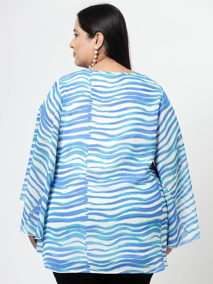 Blue Abstract Printed Keyhole Neck Flared Sleeves Longline Top