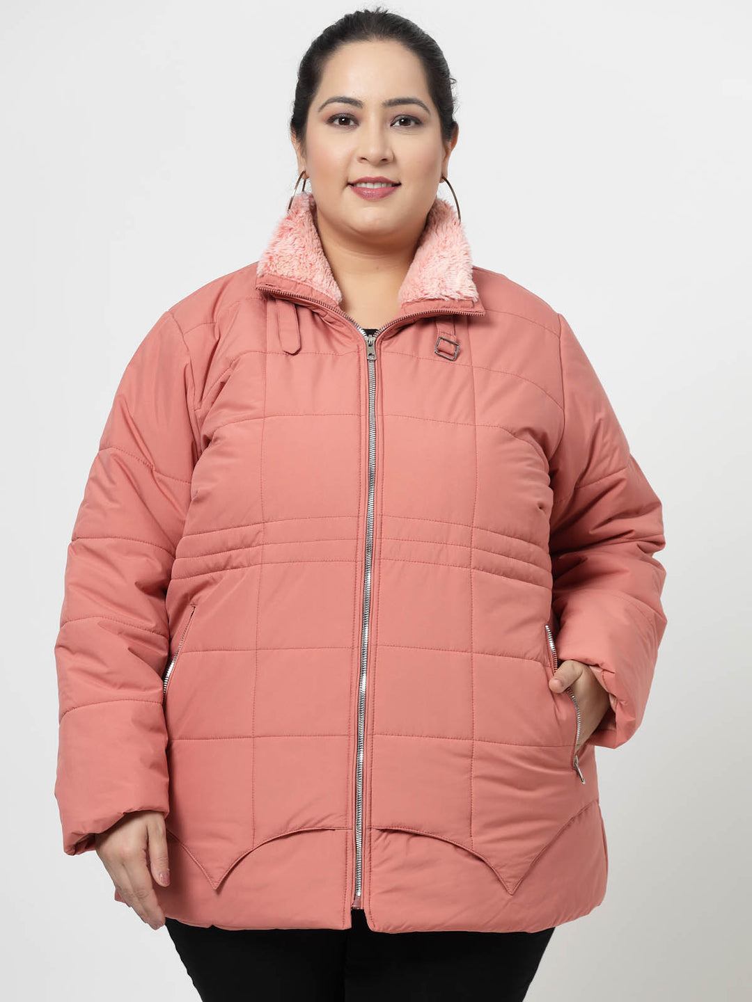 Pink Longline Faux Fur Trim Padded Jacket