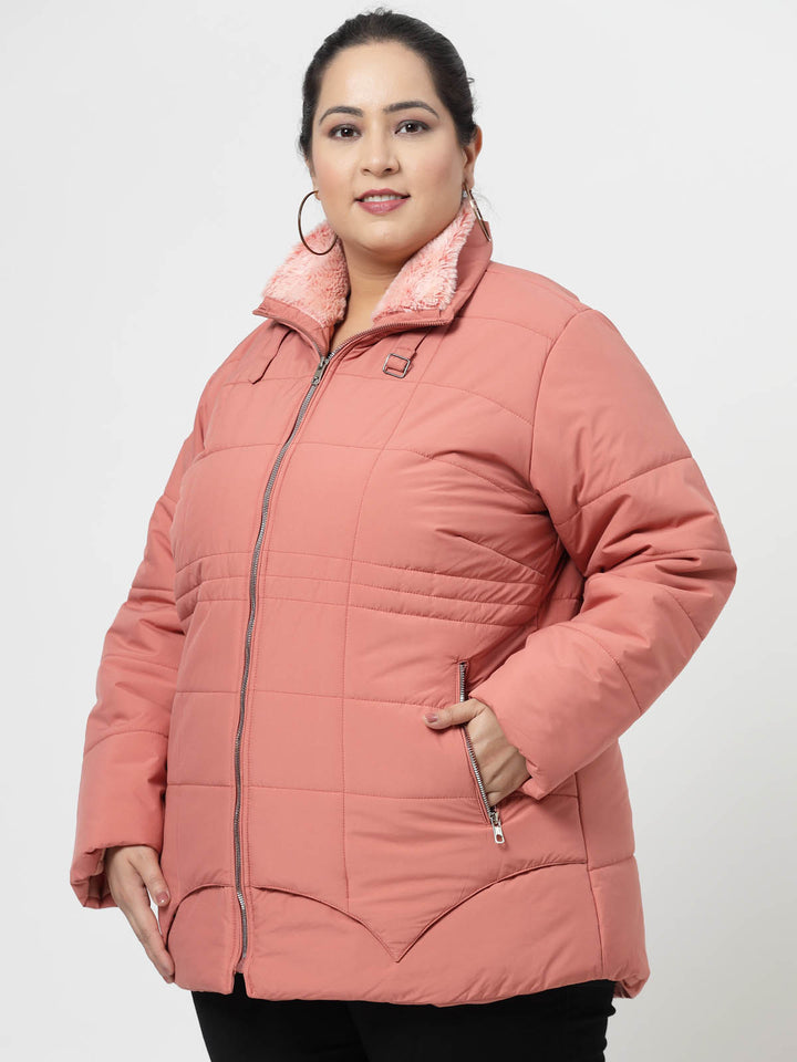 Pink Longline Faux Fur Trim Padded Jacket