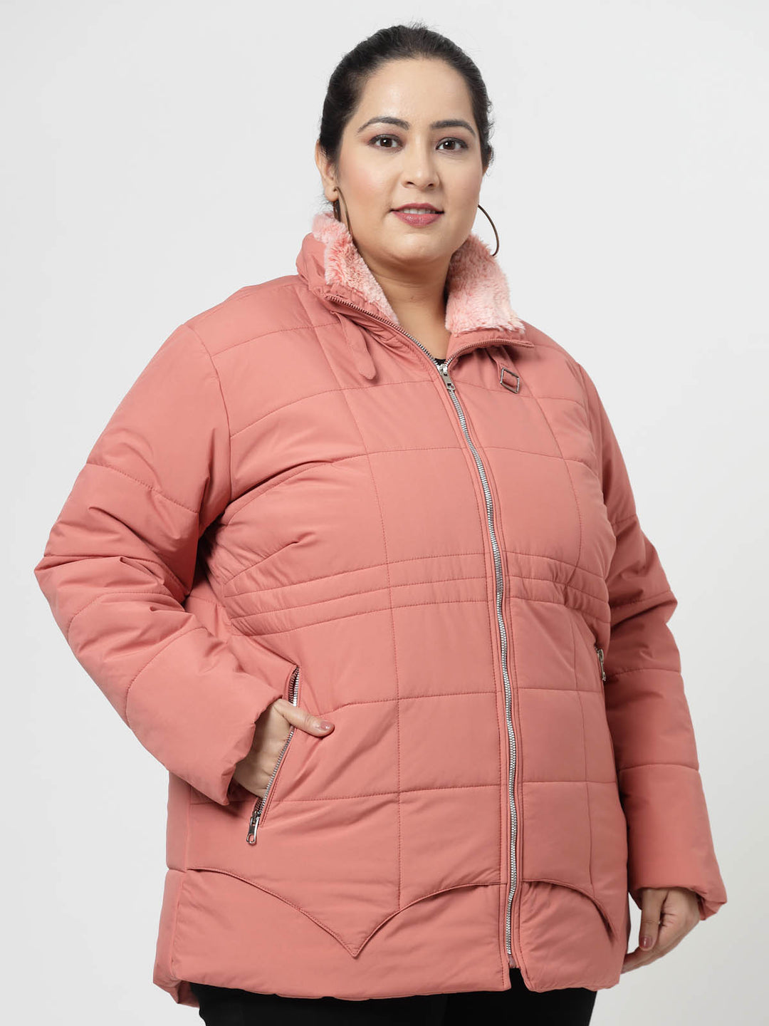 Pink Longline Faux Fur Trim Padded Jacket