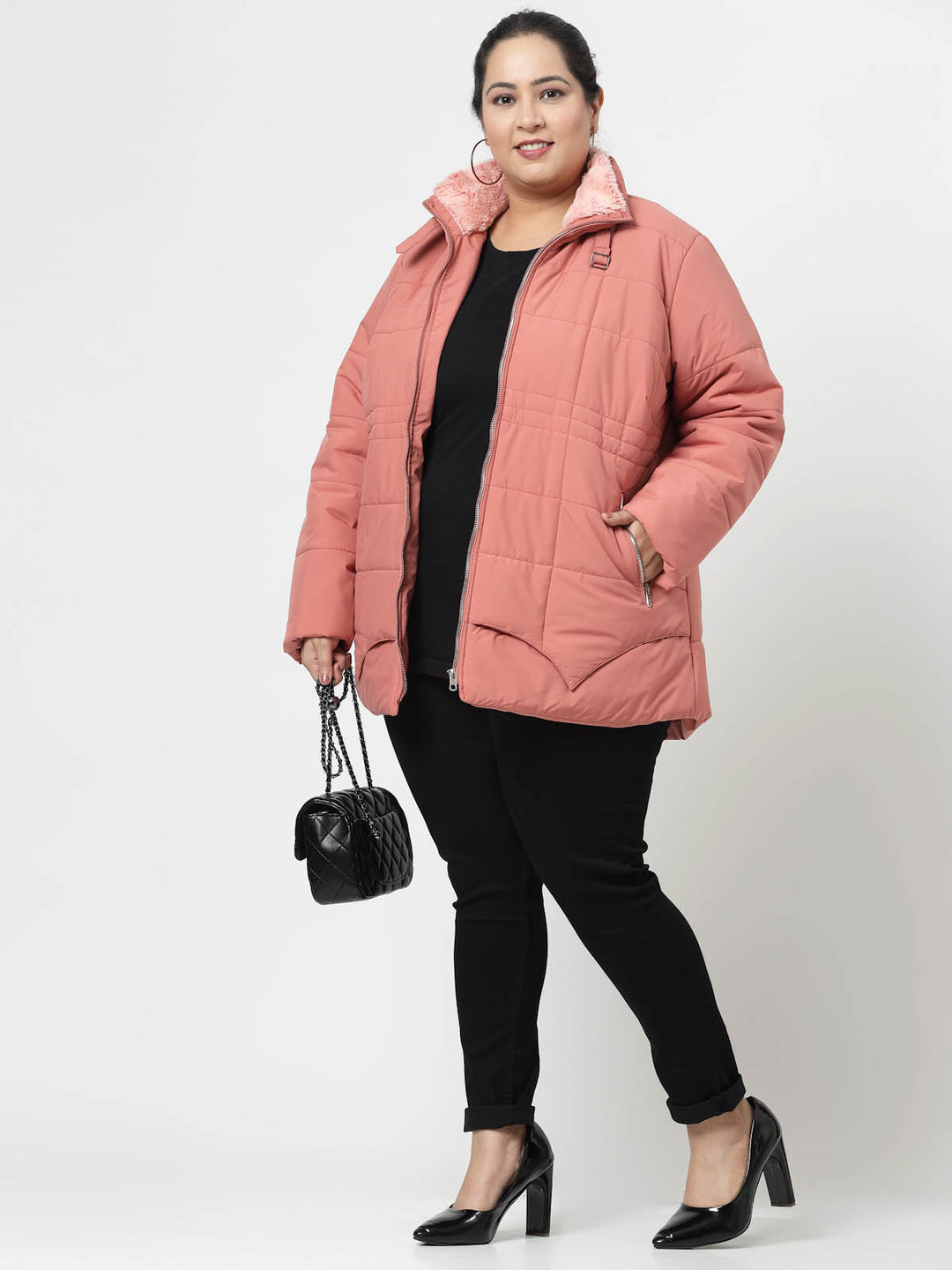 Pink Longline Faux Fur Trim Padded Jacket