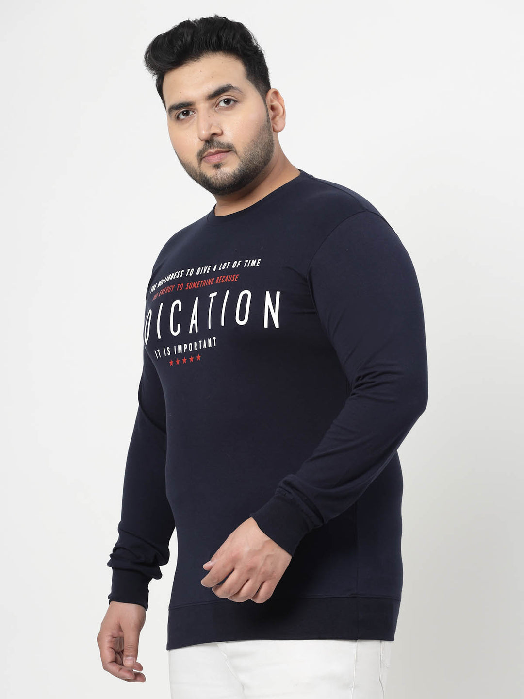 Navy Blue Typography Printed Cotton Pullover Sweatshirt