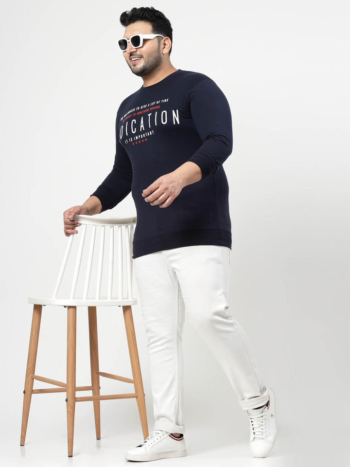 Navy Blue Typography Printed Cotton Pullover Sweatshirt